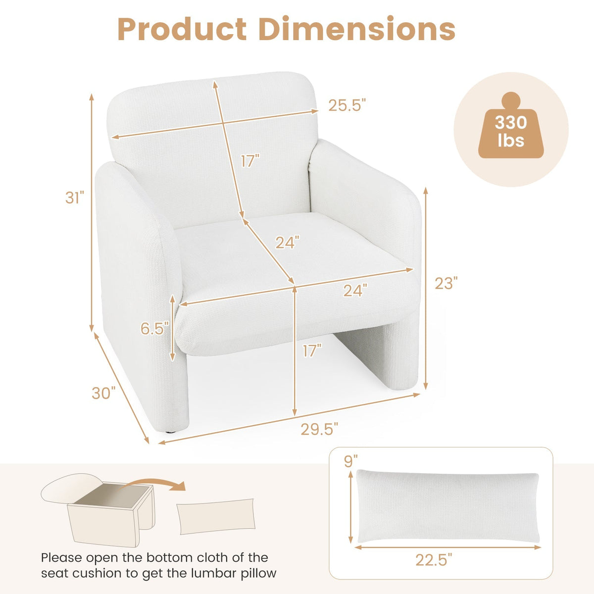 Modern Upholstered Chenille Accent Chair with Removable Lumbar Pillow-White