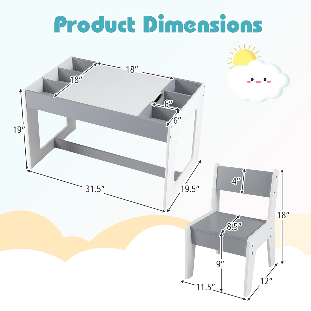 Multifunctional Kids Table and 2 Chairs Set with Chalkboard