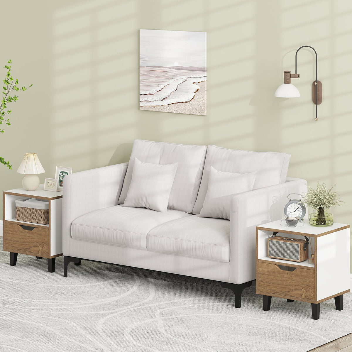 Nightstand Set of 2 with Drawer and Open Storage Shelf for Bedroom-White