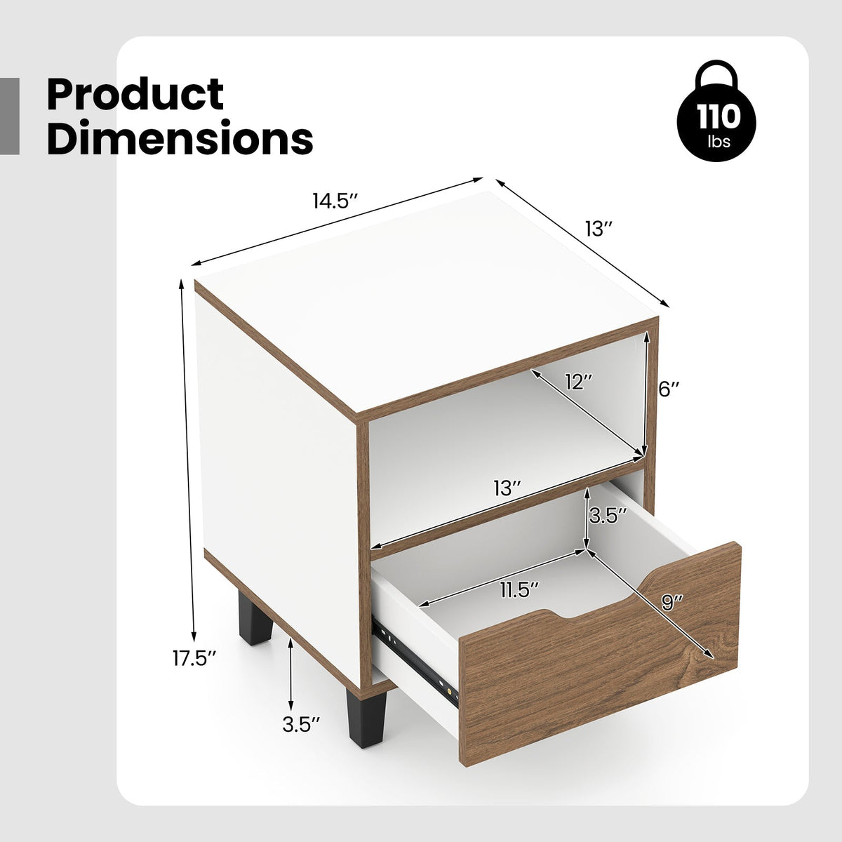 Nightstand Set of 2 with Drawer and Open Storage Shelf for Bedroom-White