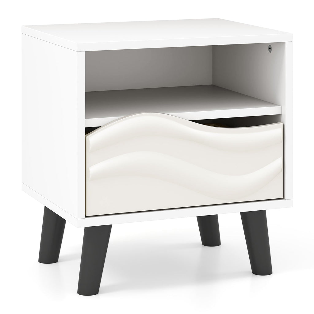 Nightstand Mid Century Modern Bedside Table with 3D Wavy Pattern and Open Shelf-White