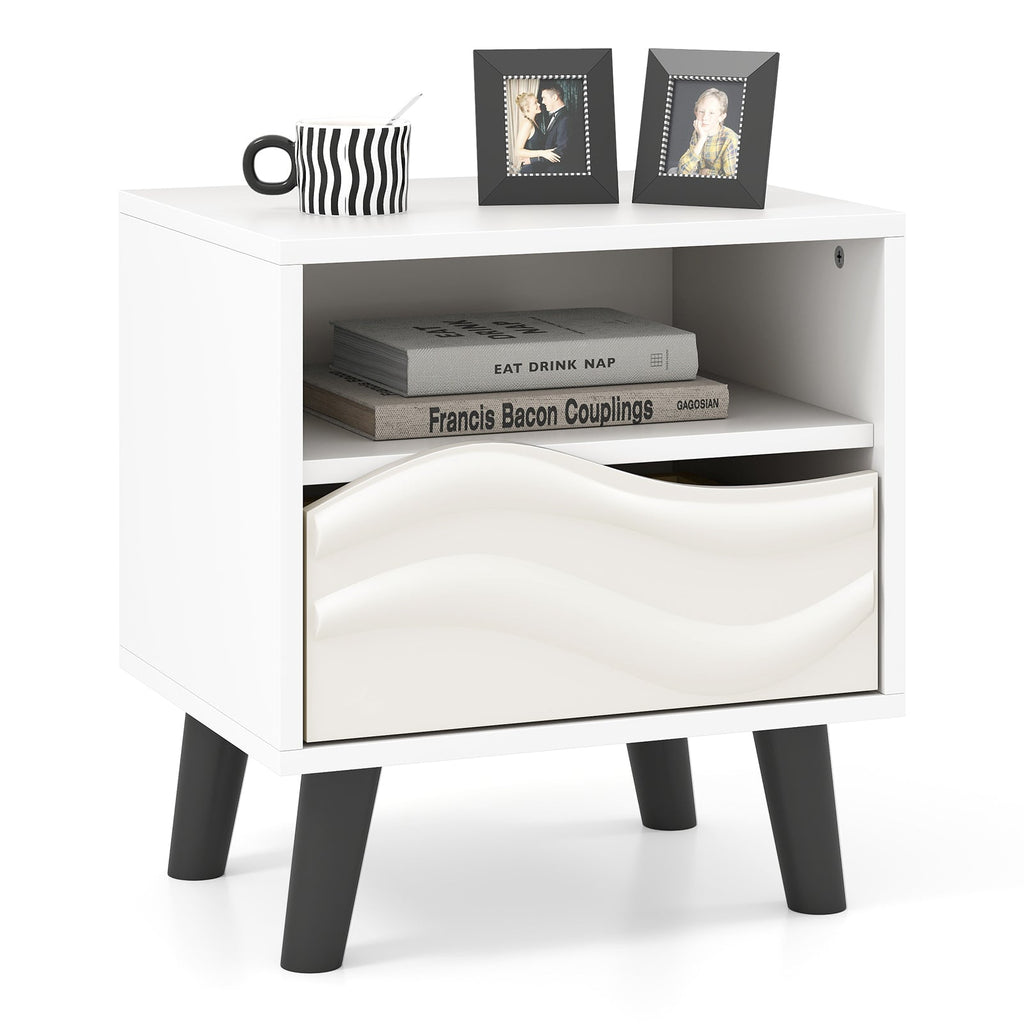 Nightstand Mid Century Modern Bedside Table with 3D Wavy Pattern and Open Shelf-White