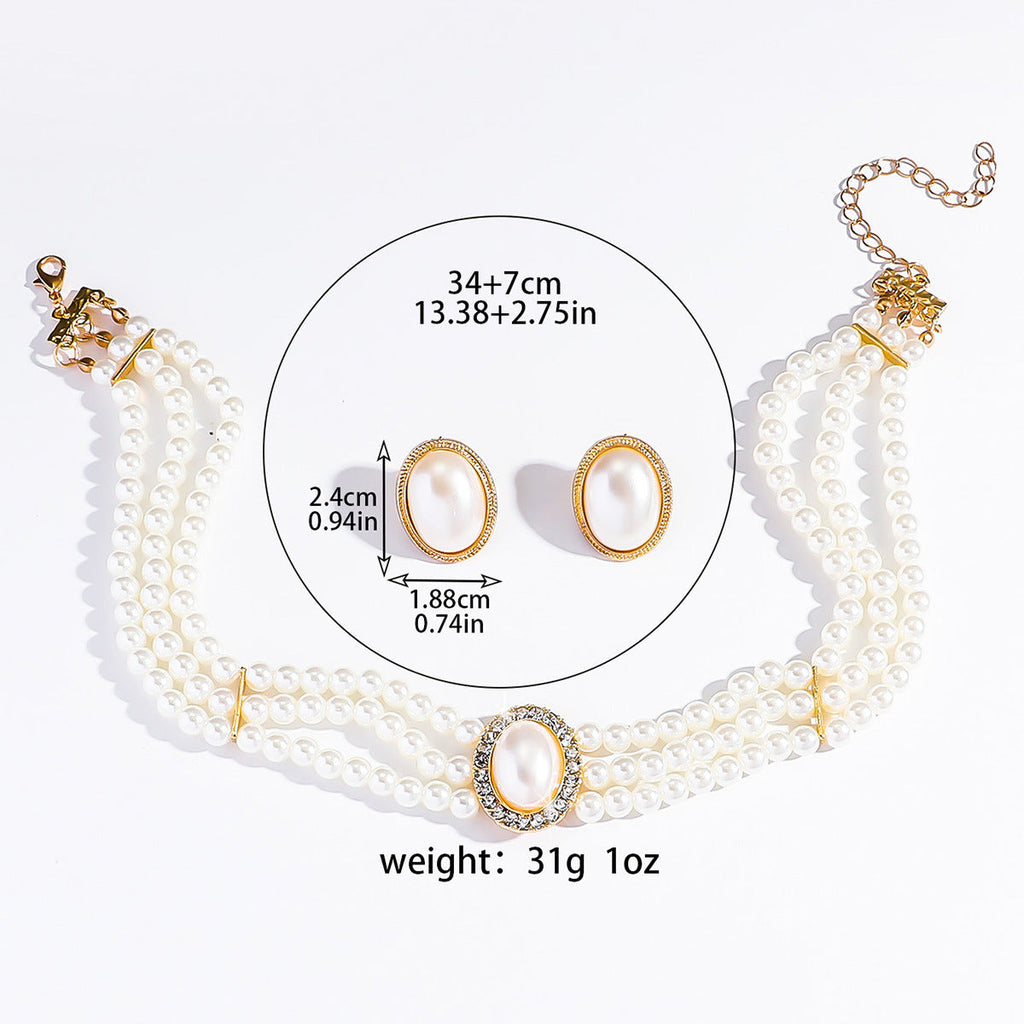 Vintage Oval Rhinestone Bridal Pearl Necklace Style Dress Wedding Set