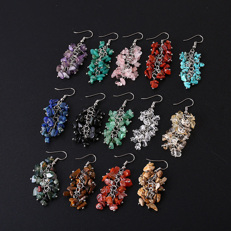 Handmade Natural Crystal Stone Earrings Long Tassel Gravel Jewelry