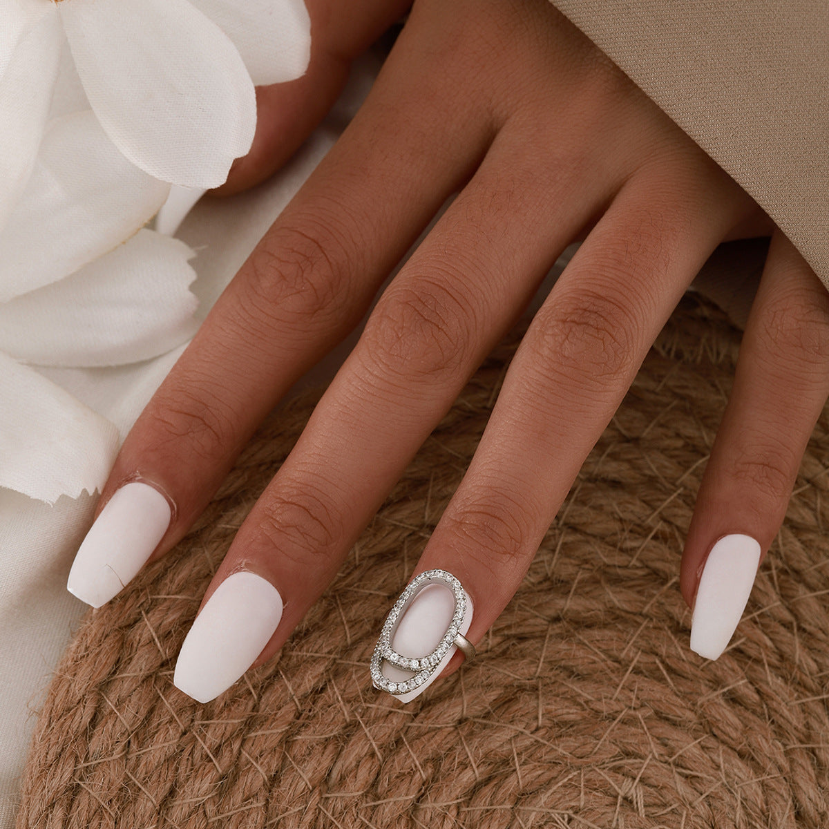 Geometric Diamond-Embedded Open Nail Ring