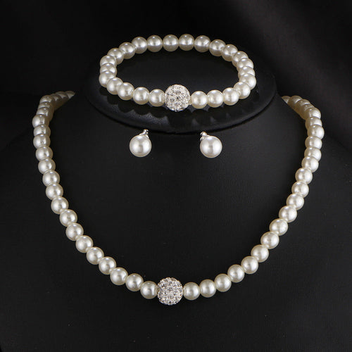 3 PCS Set Pearl Necklace Bracelet Earring Party Jewelry Set