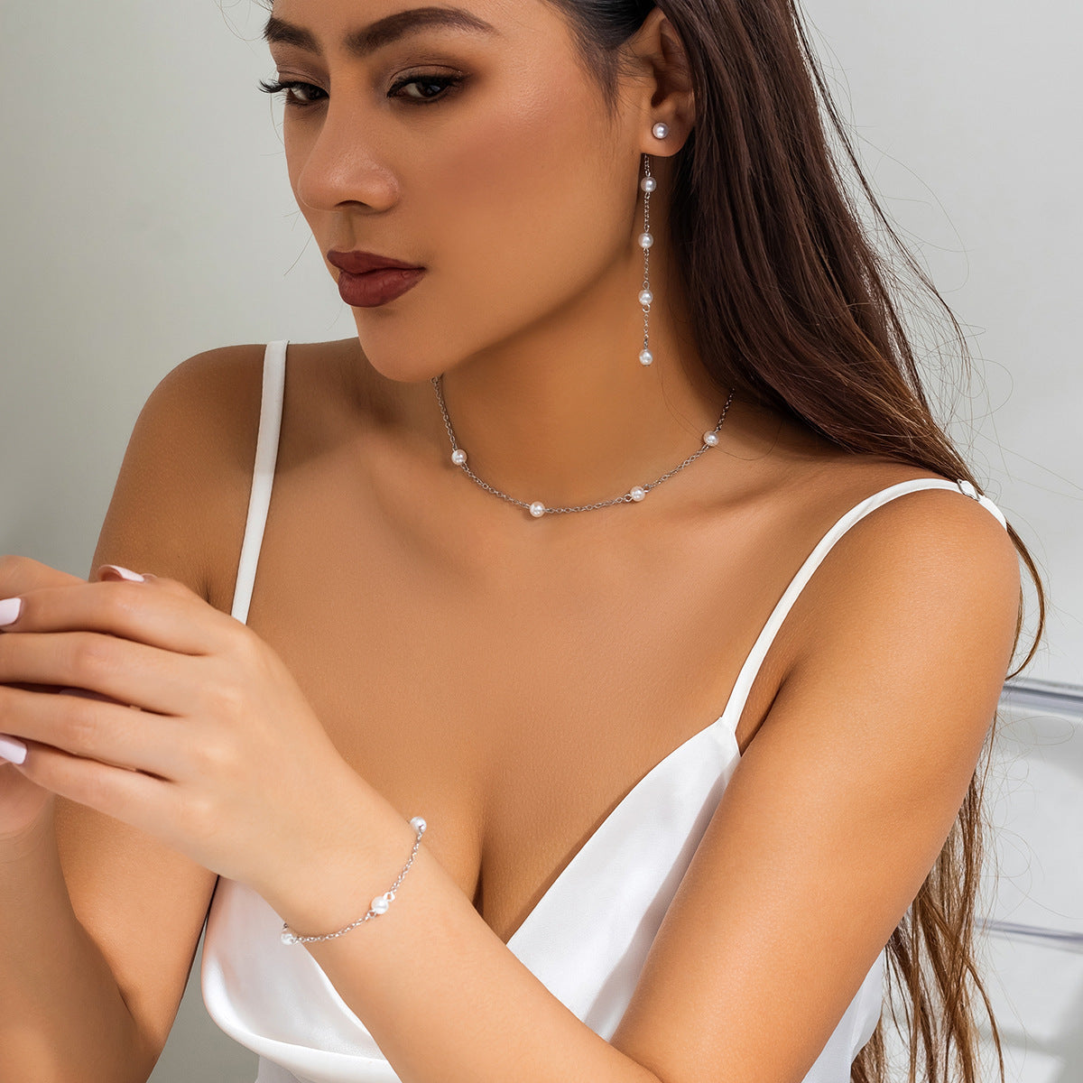 Elegant Imitation Pearl Chain Wed Bridal Jewelry Set
