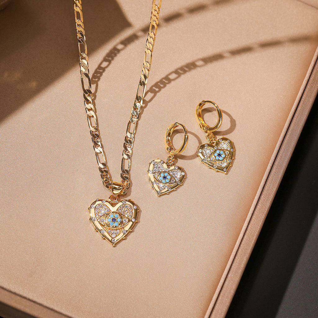 Heart-shaped Zircon Pendant Necklace and Earrings Set