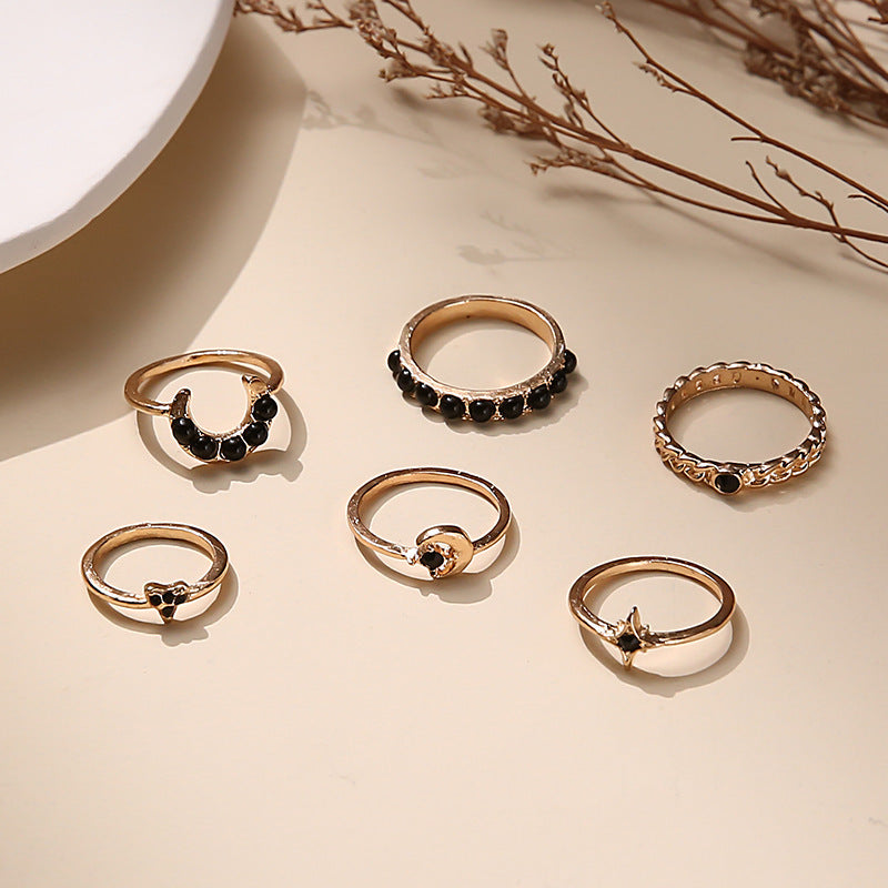 Black Gemstone Star Moon 6-piece Set Ring