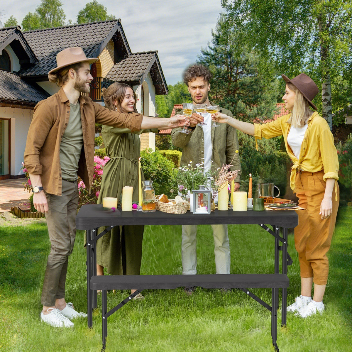 Outdoor Folding Table Bench Set w All-Weather HDPE Tabletop and Sturdy Metal Frame-Black