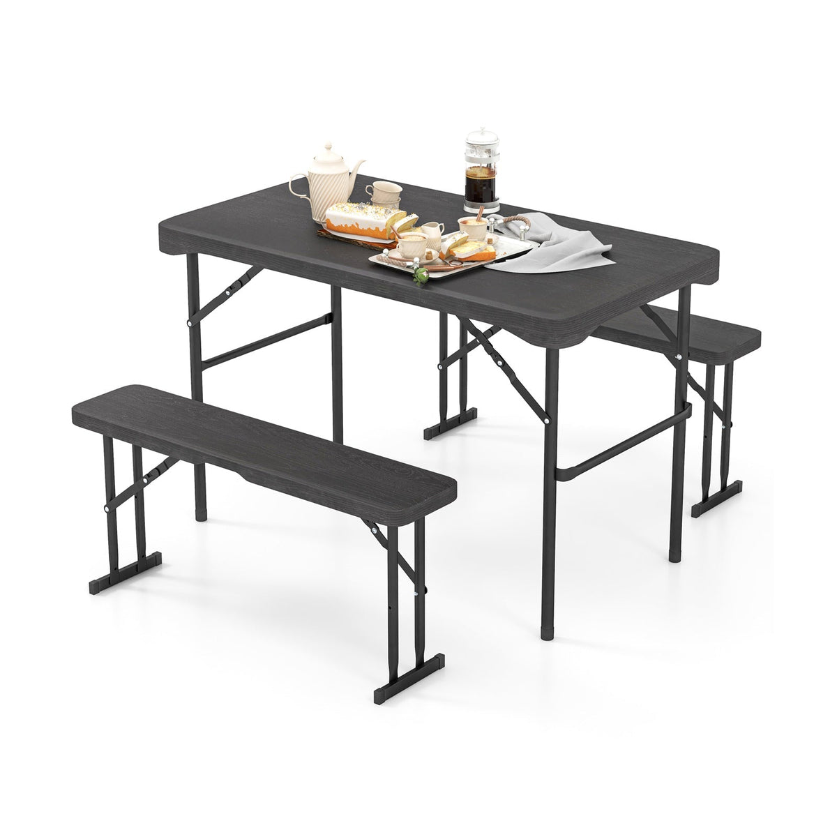 Outdoor Folding Table Bench Set w All-Weather HDPE Tabletop and Sturdy Metal Frame-Black