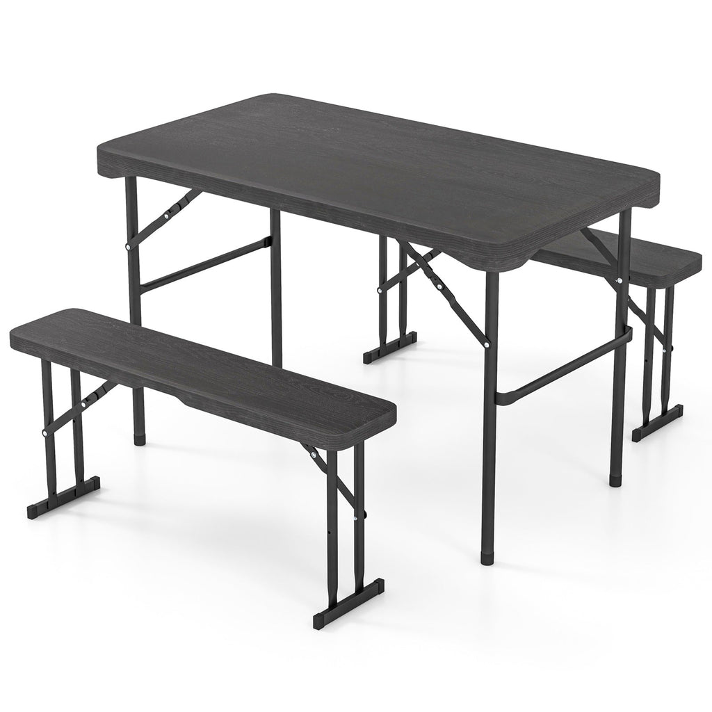 Outdoor Folding Table Bench Set w All-Weather HDPE Tabletop and Sturdy Metal Frame-Black