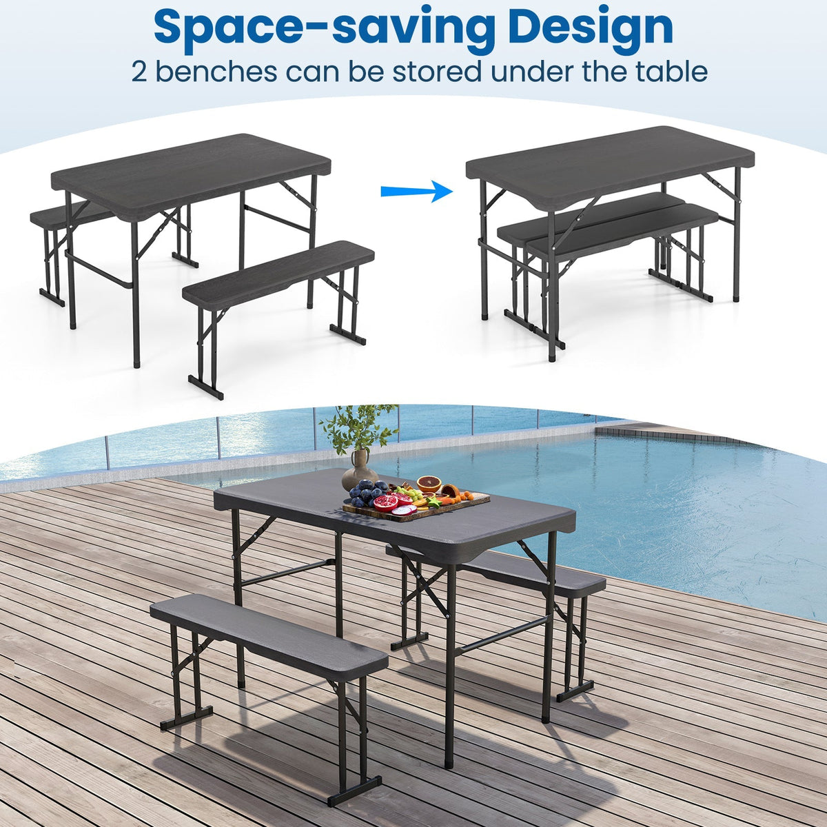 Outdoor Folding Table Bench Set w All-Weather HDPE Tabletop and Sturdy Metal Frame-Black