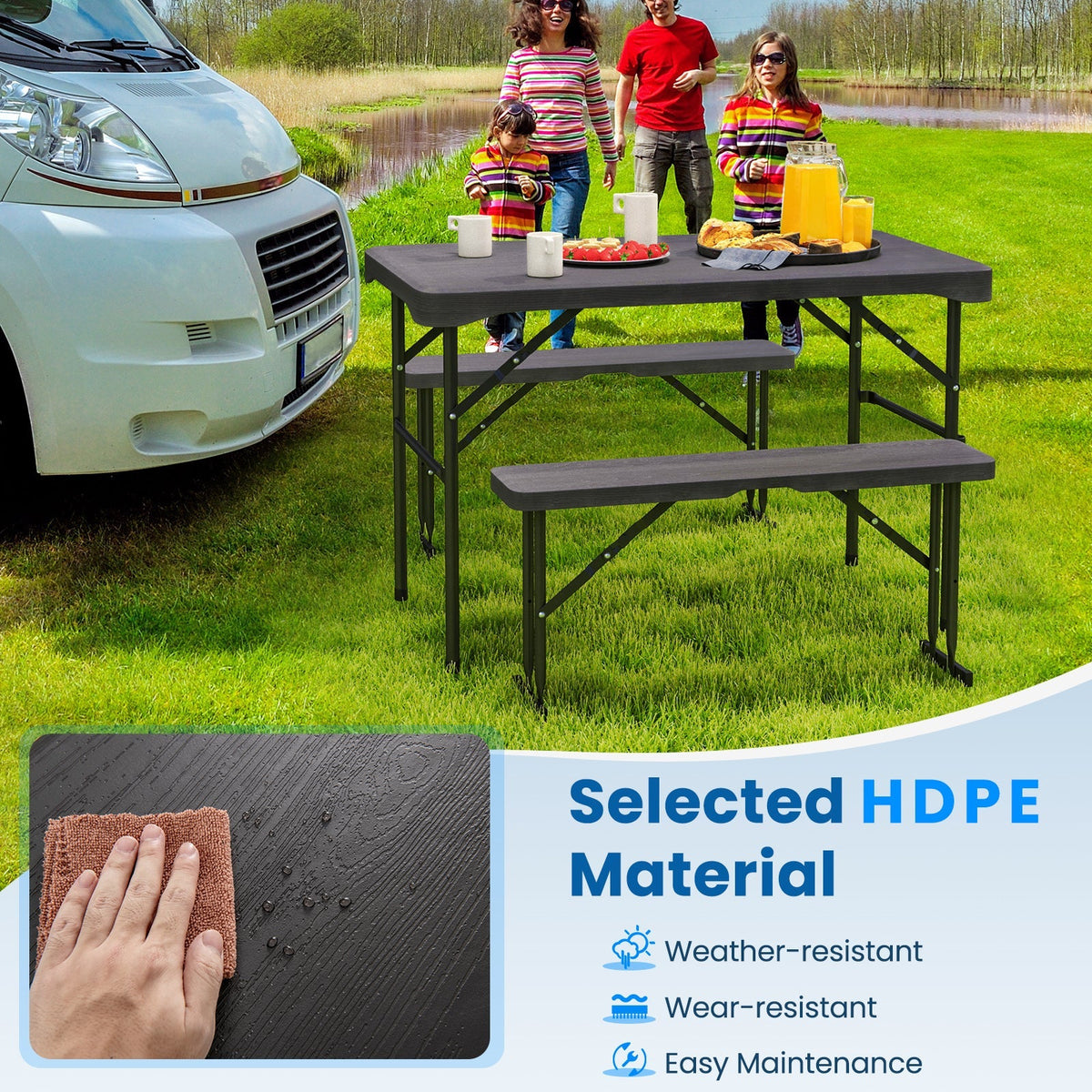 Outdoor Folding Table Bench Set w All-Weather HDPE Tabletop and Sturdy Metal Frame-Black