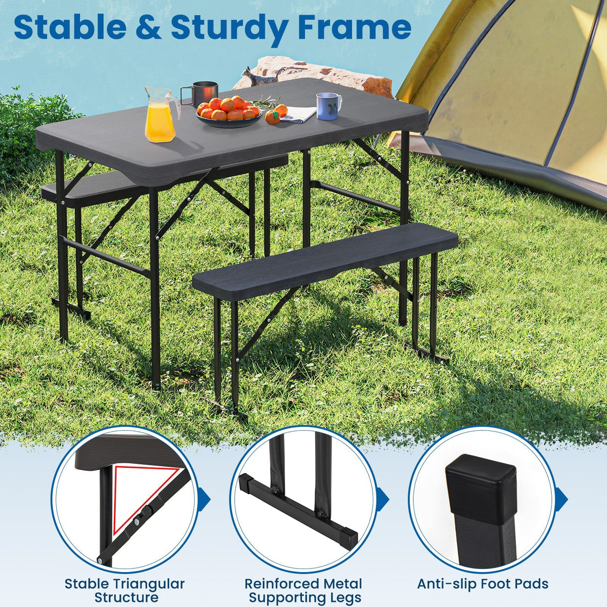 Outdoor Folding Table Bench Set w All-Weather HDPE Tabletop and Sturdy Metal Frame-Black