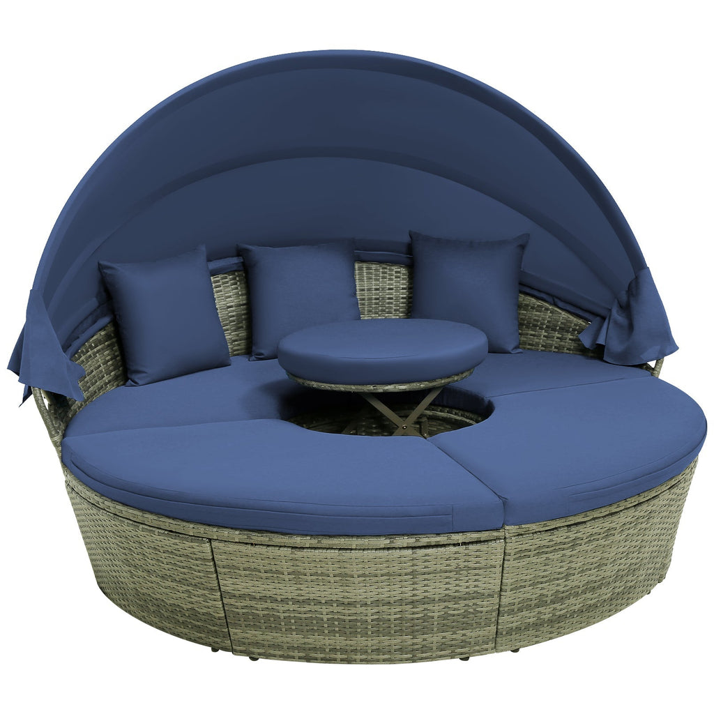 Outdoor PE Wicker Round Daybed with Retractable Canopy and Cushions-Navy