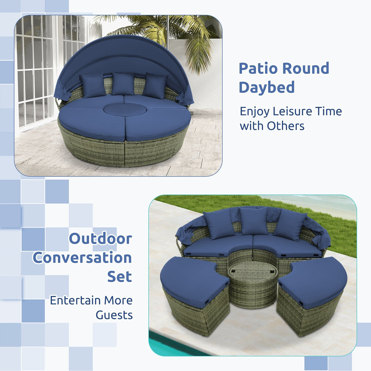Outdoor PE Wicker Round Daybed with Retractable Canopy and Cushions-Navy