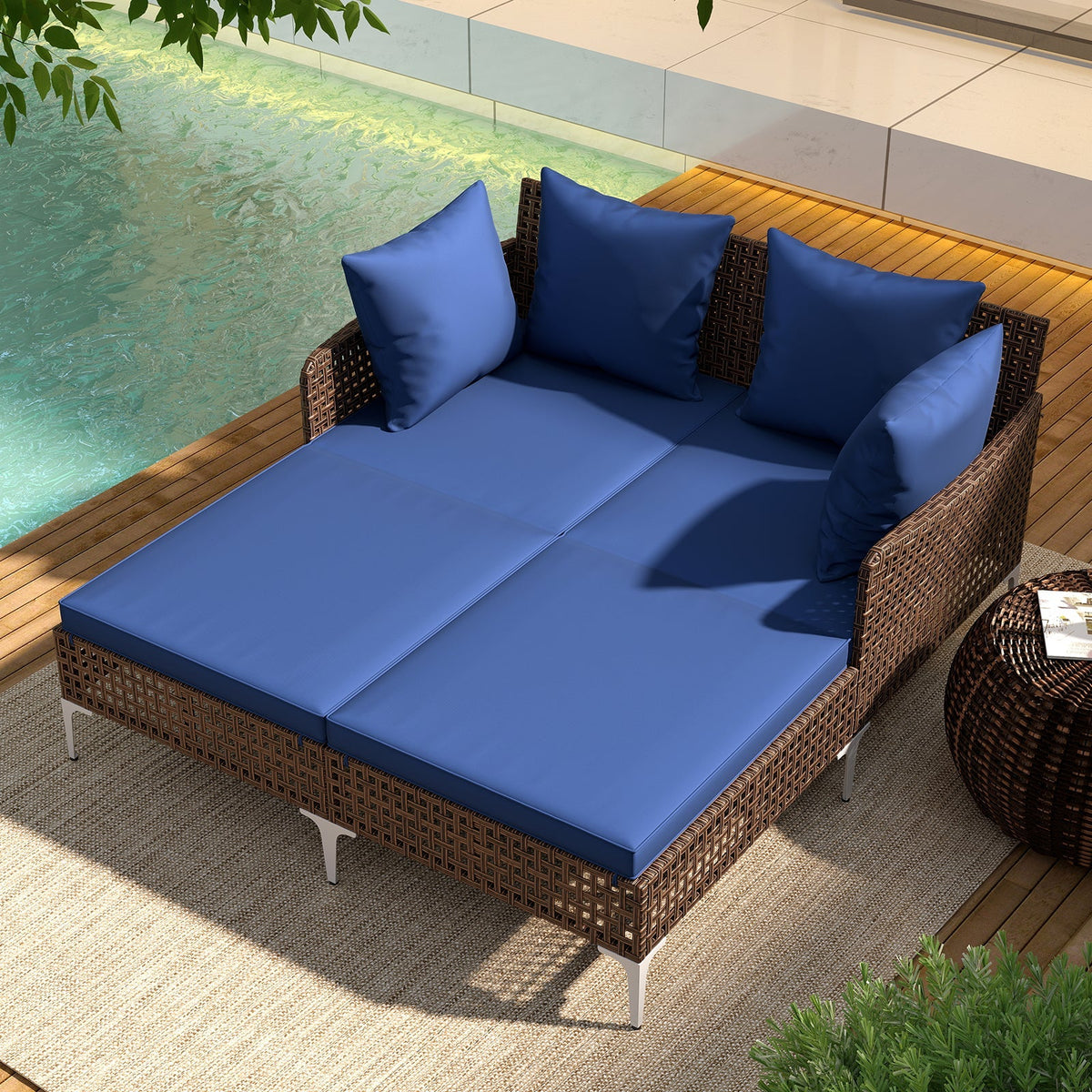 Outdoor Rattan Double Daybed Wicker Chaise Lounge