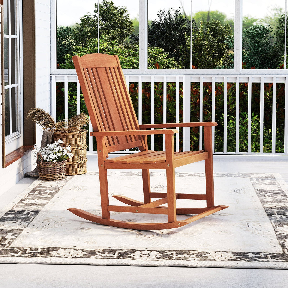 Outdoor Rocking Chair Solid Wood High Back Rocker with Slatted Seat