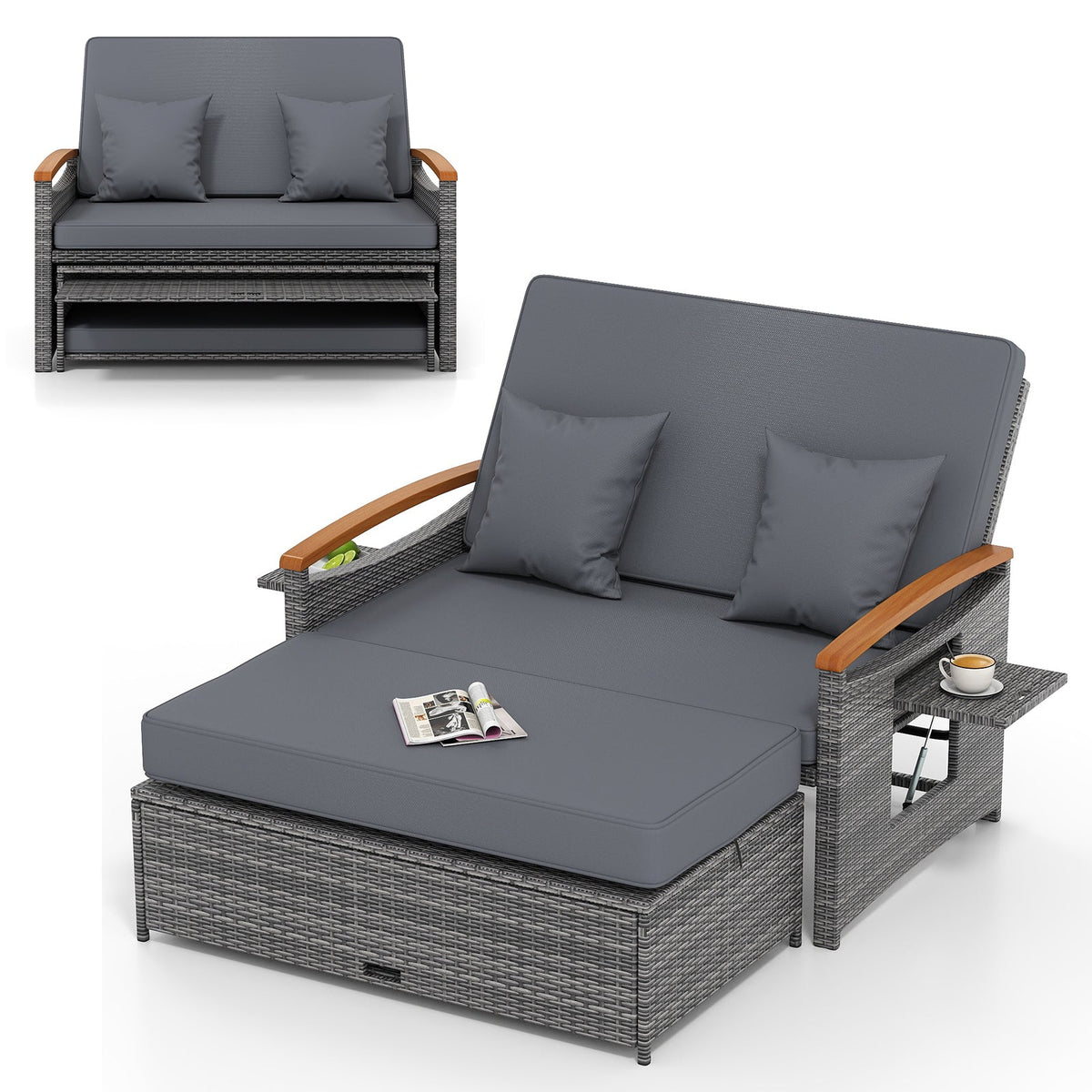 Outdoor Wicker Daybed with Folding Panels and Storage Ottoman