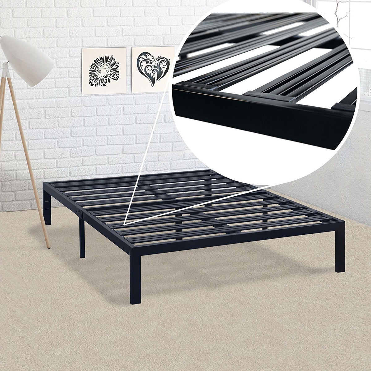 Full size Metal Platform Bed Frame with 3.86 inch Wide Heavy Duty Steel Slats