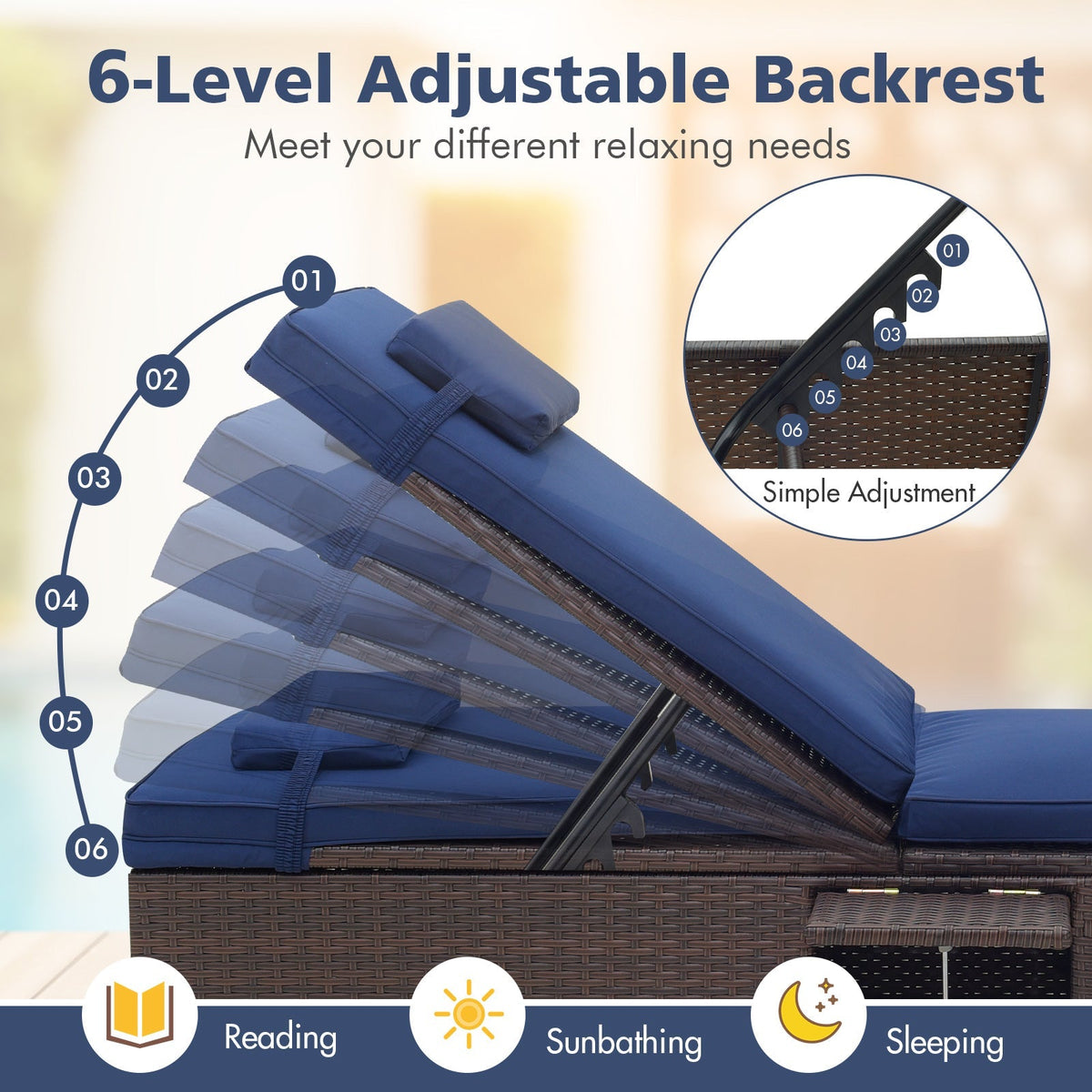 Outdoor PE RattanChaise Lounge with 6-level Backrest