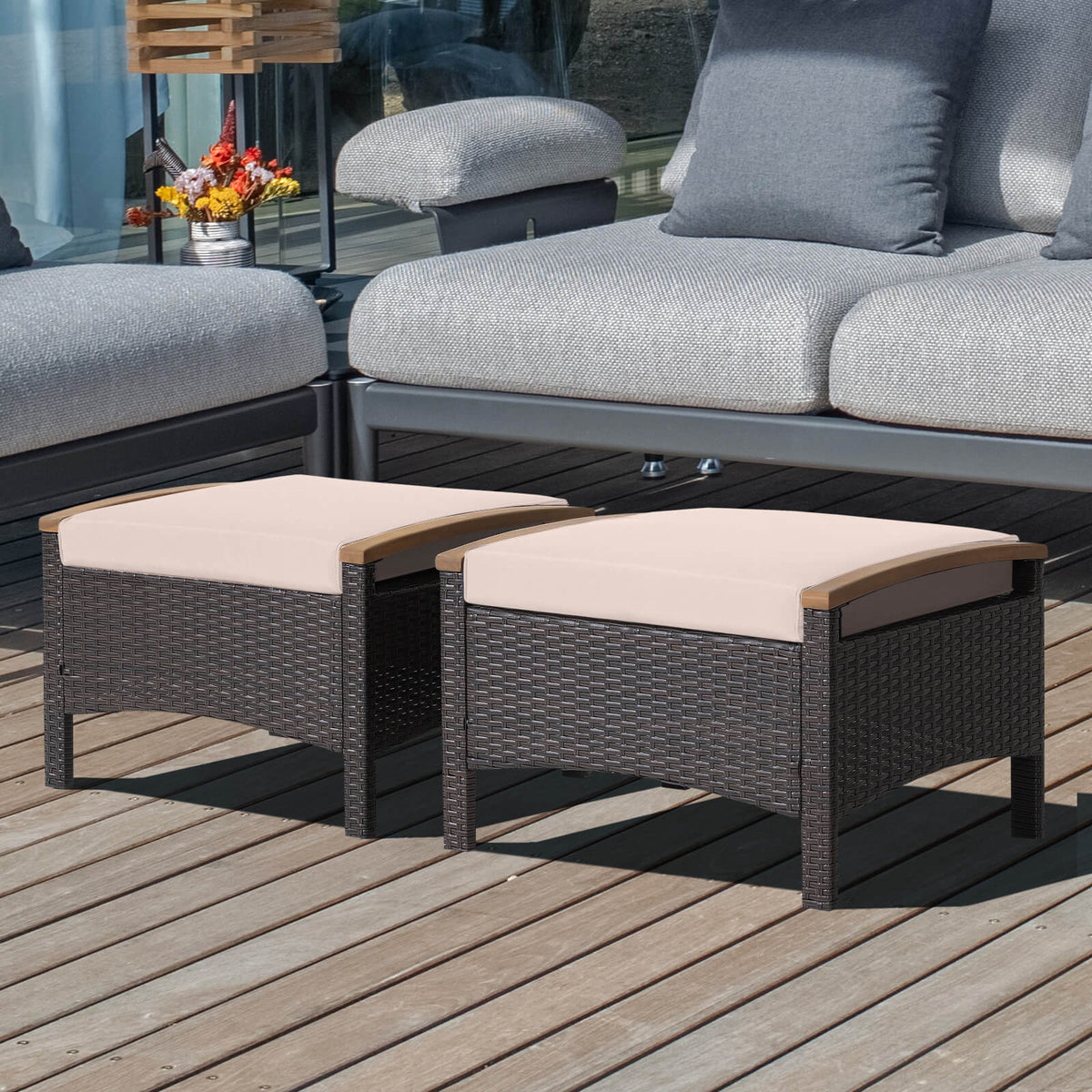 Set of 2 Fade-Resistant Wicker Patio Ottoman