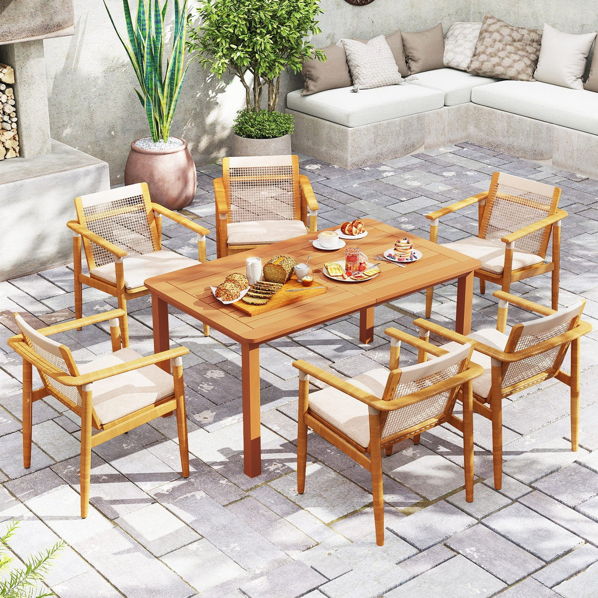 Patio Outdoor Solid Wood Dining Table with Umbrella Hole for 6