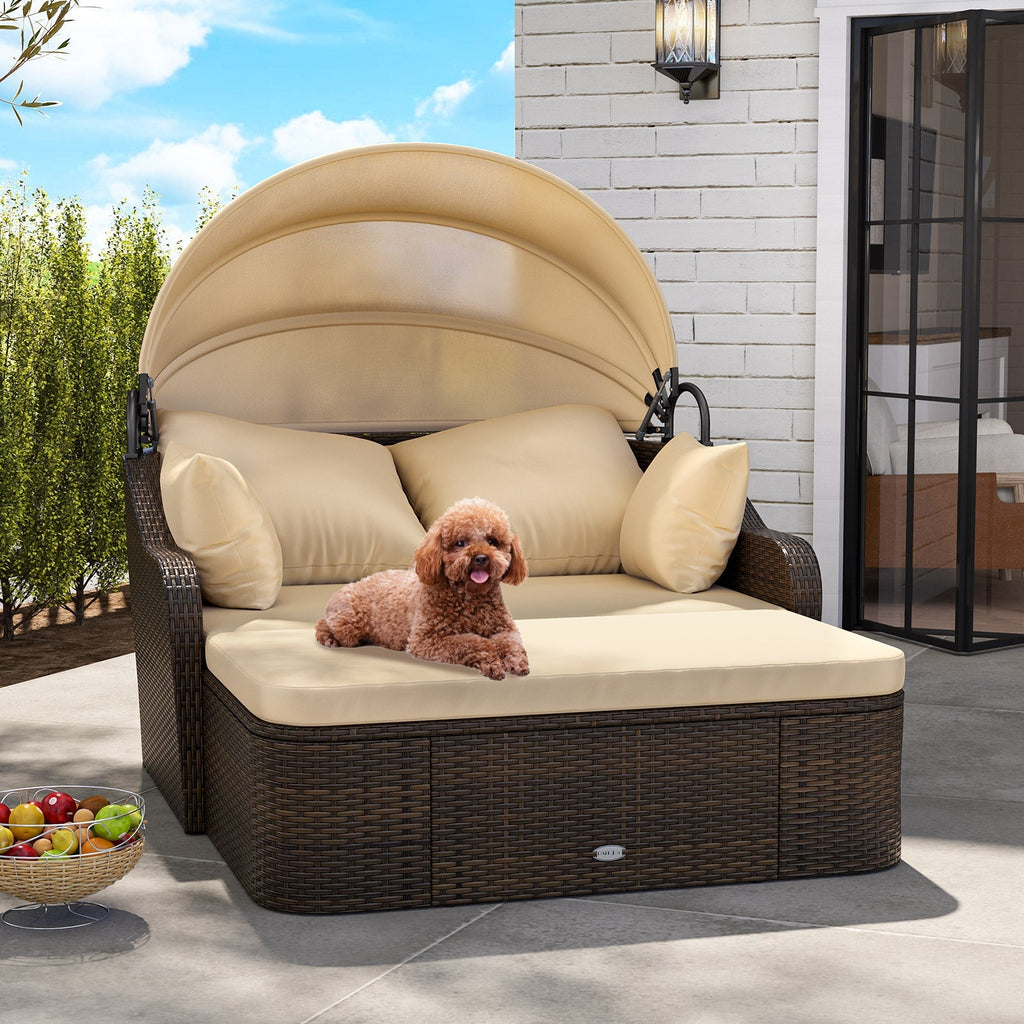 Patio PE Rattan Daybed with Retractable Canopy and Soft Cushions-Beige