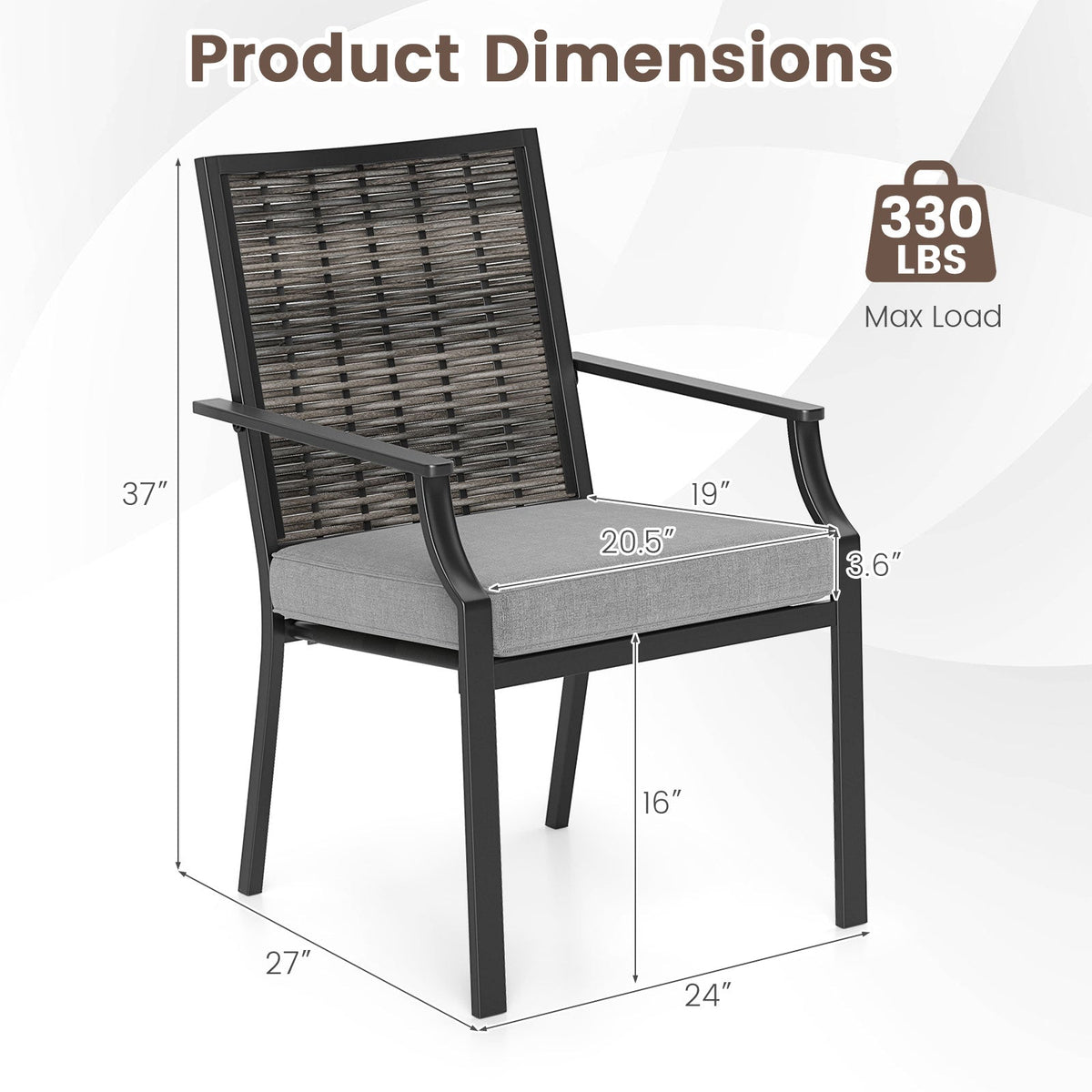 Patio Wicker Chairs Set of 2 Stackable Rattan Armchairs with Removable Cushions-Grey
