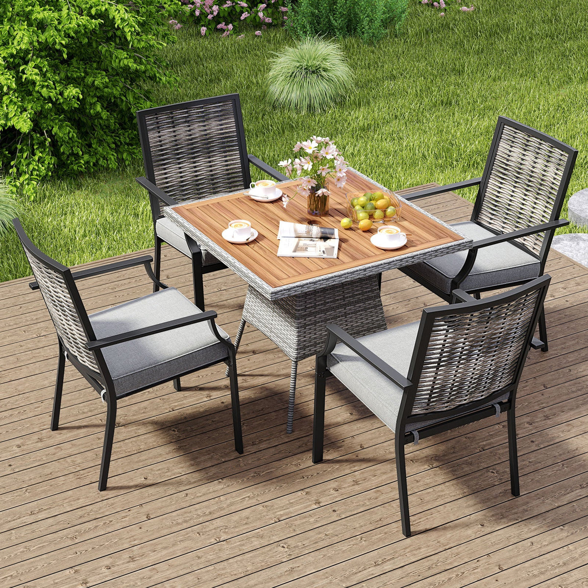 Patio Wicker Chairs Set of 2 Stackable Rattan Armchairs with Removable Cushions-Grey