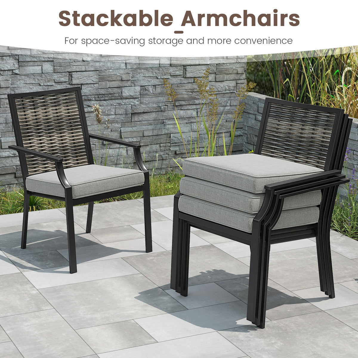 Patio Wicker Chairs Set of 2 Stackable Rattan Armchairs with Removable Cushions-Grey