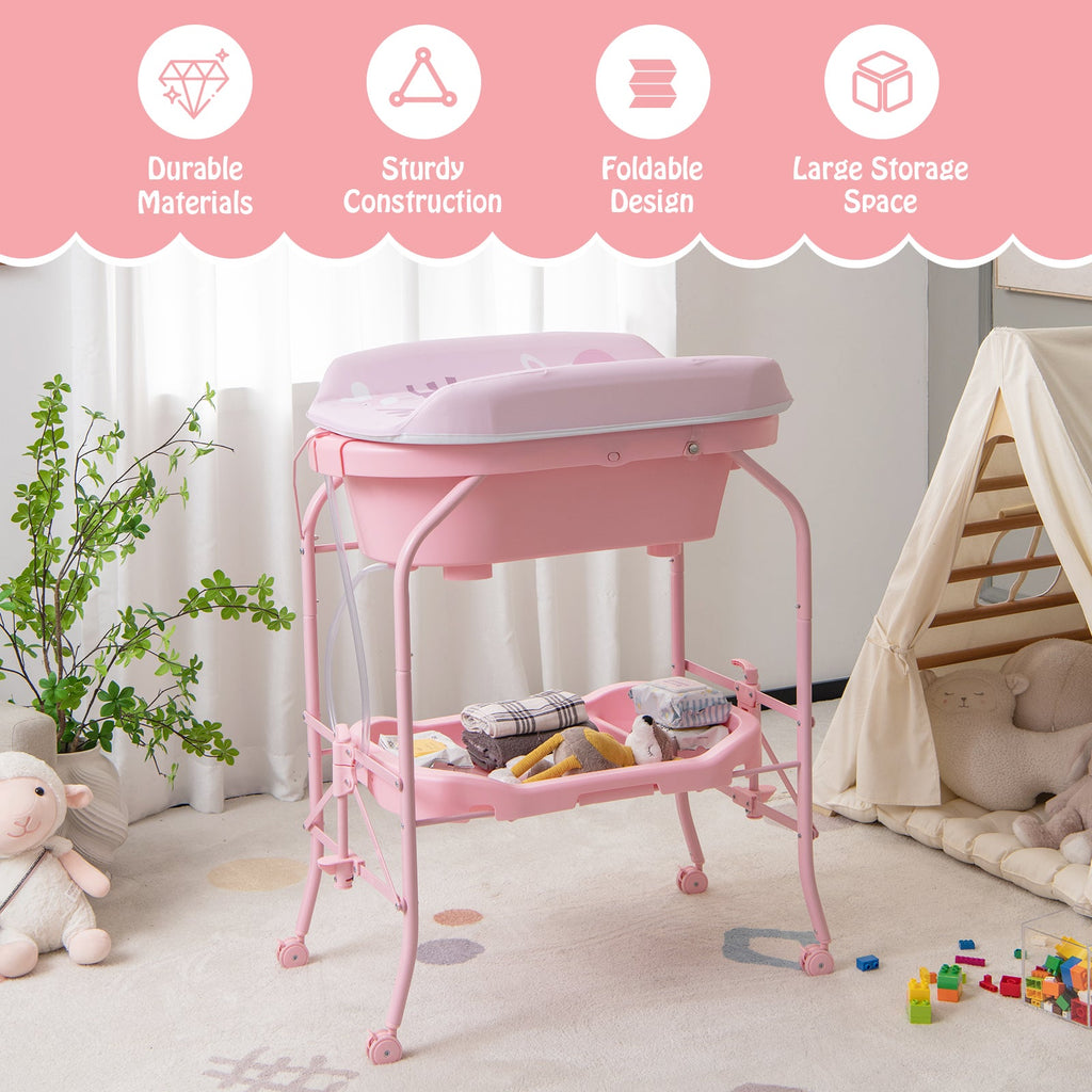 Folding Baby Changing Table with Bathtub and 4 Universal Wheels-Pink