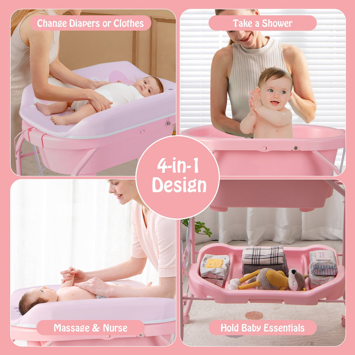 Folding Baby Changing Table with Bathtub and 4 Universal Wheels-Pink