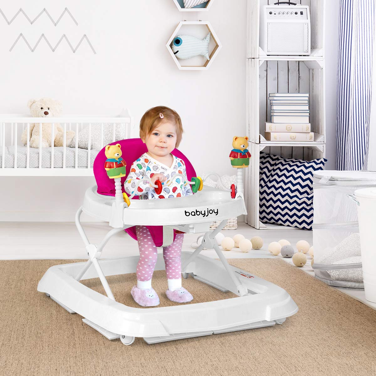 Adjustable Height Removable Folding Portable Baby Walker-Pink