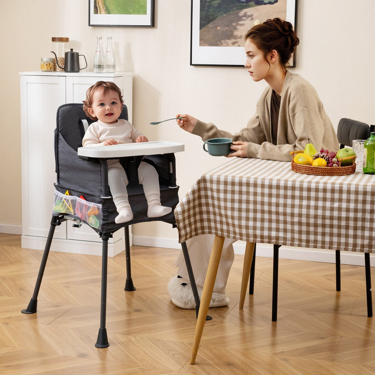 Portable High Chair for Travel Foldable with Adjustable Tray and Mesh Pockets-Gray