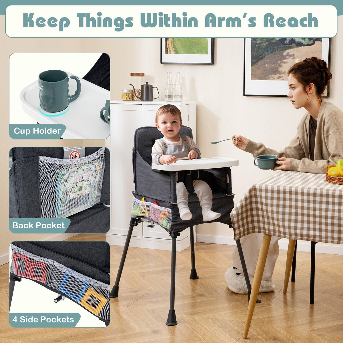 Portable High Chair for Travel Foldable with Adjustable Tray and Mesh Pockets-Gray