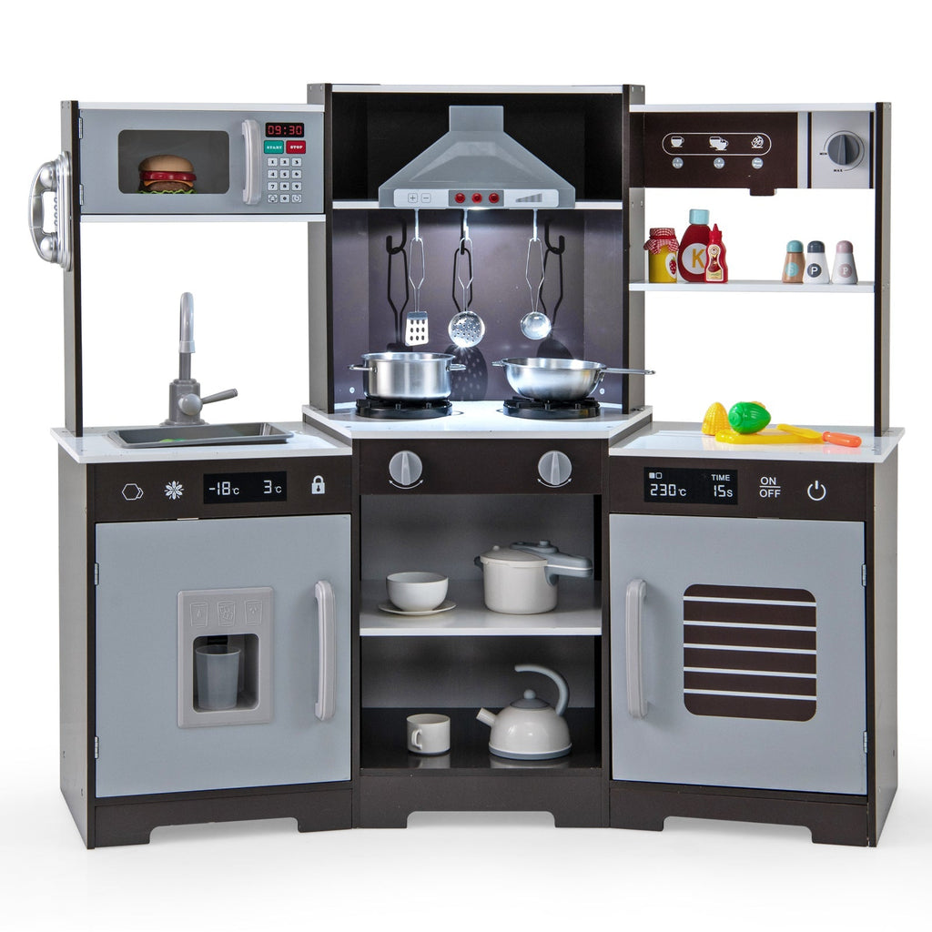 Pretend Play Kitchen Wooden Toy Set with Range Hood Real Sounds and Lights