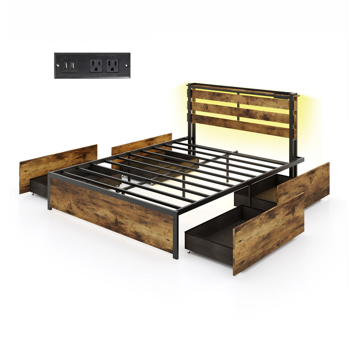Full/Queen/Twin Size Bed Frame with Drawers LED Lights and USB Ports