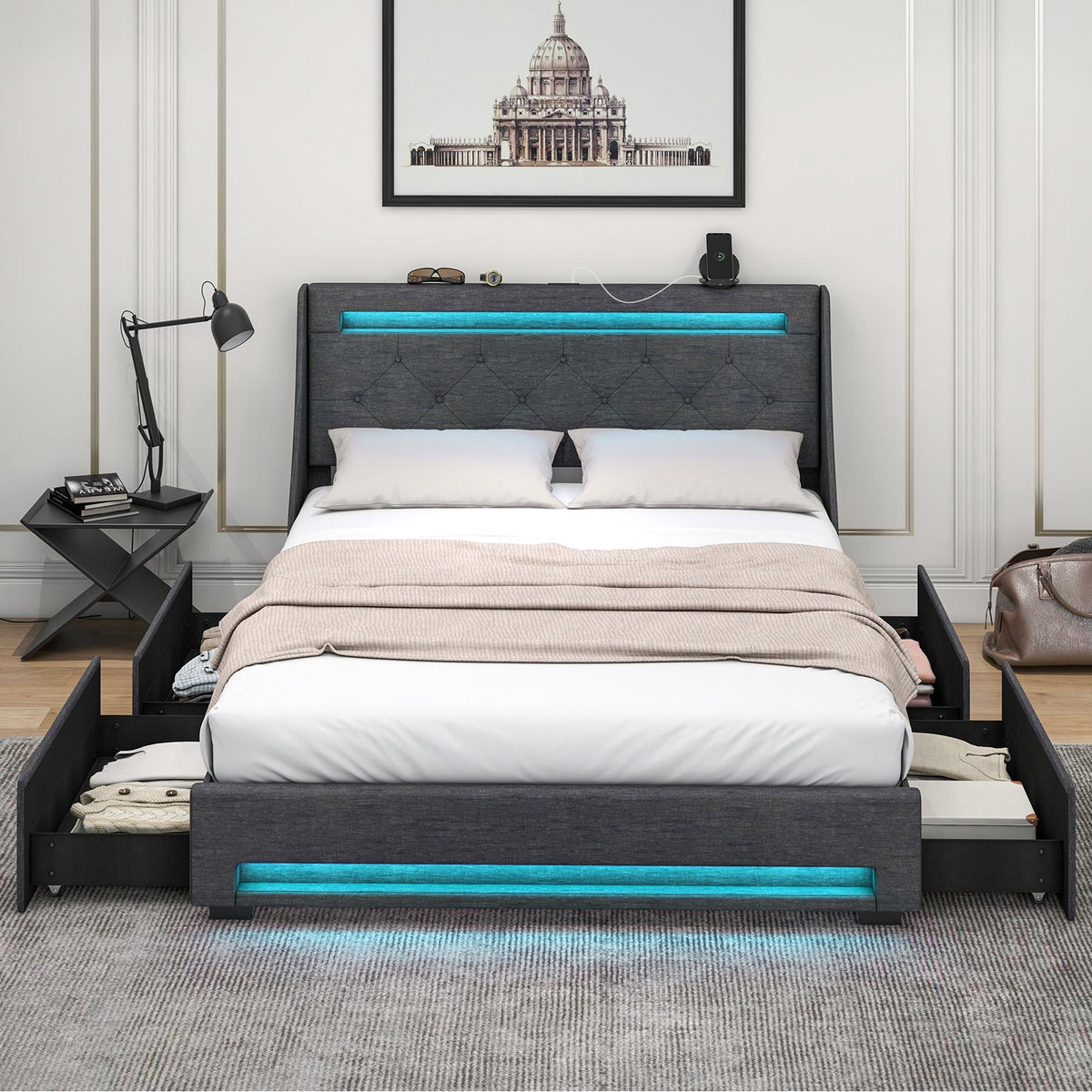 Queen Size Upholstered Platform Bed Frame with LED Lights and Charging Station-Grey