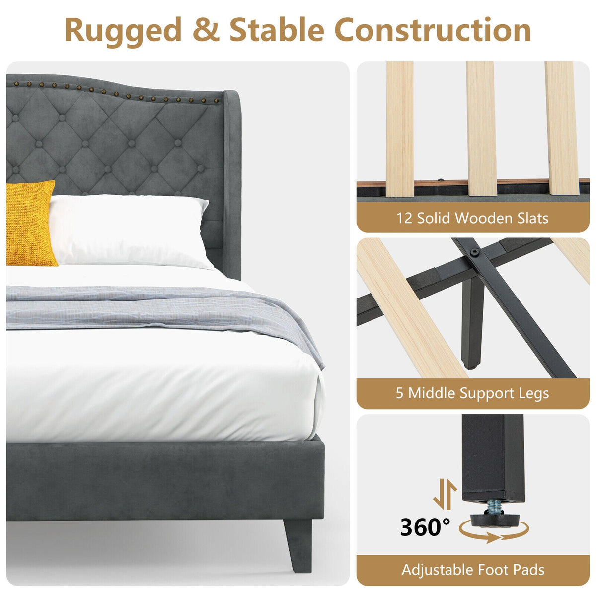 Full/Queen Size Upholstered Platform Bed Frame with Button Tufted Headboard