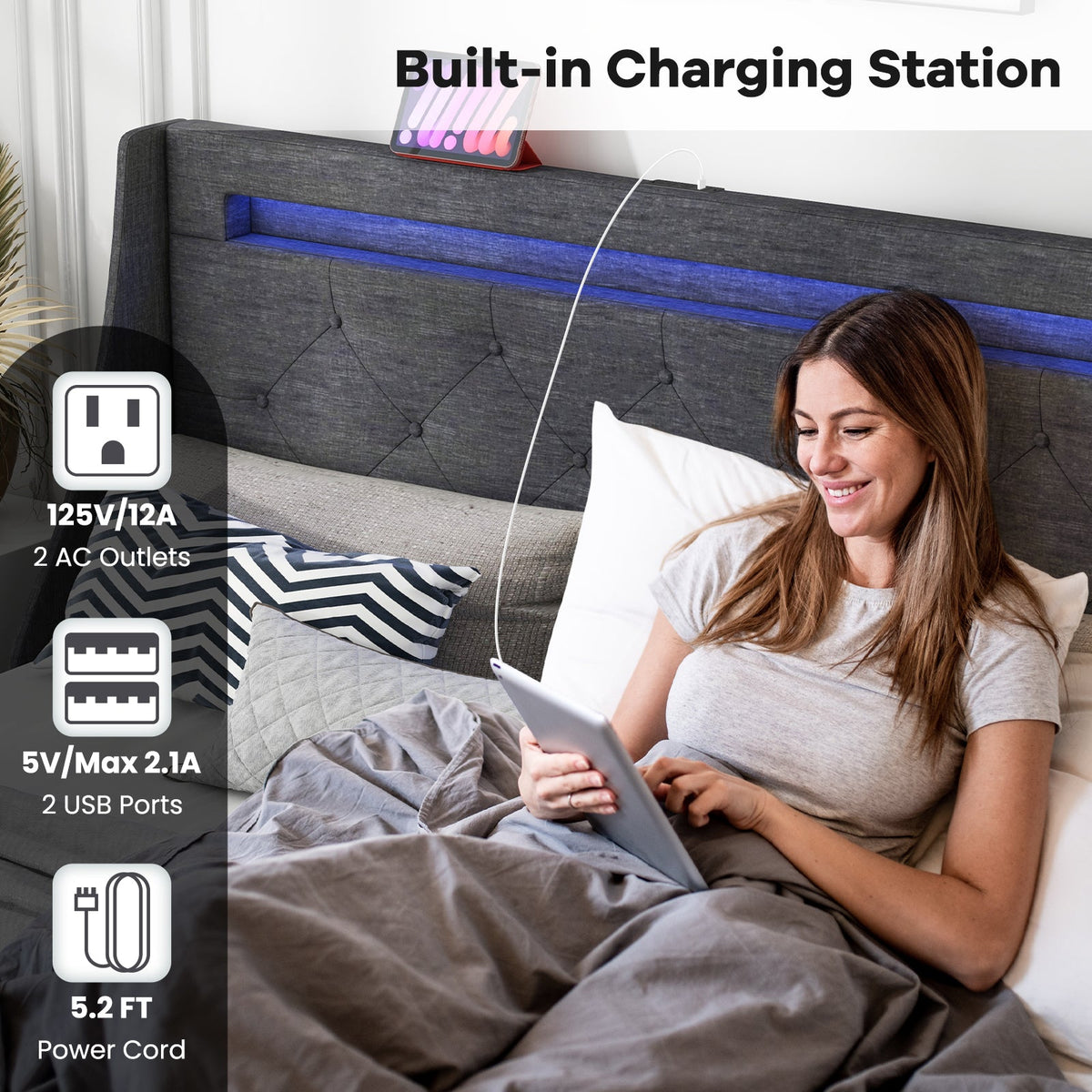 Queen Size Upholstered Platform Bed Frame with LED Lights and Charging Station-Grey
