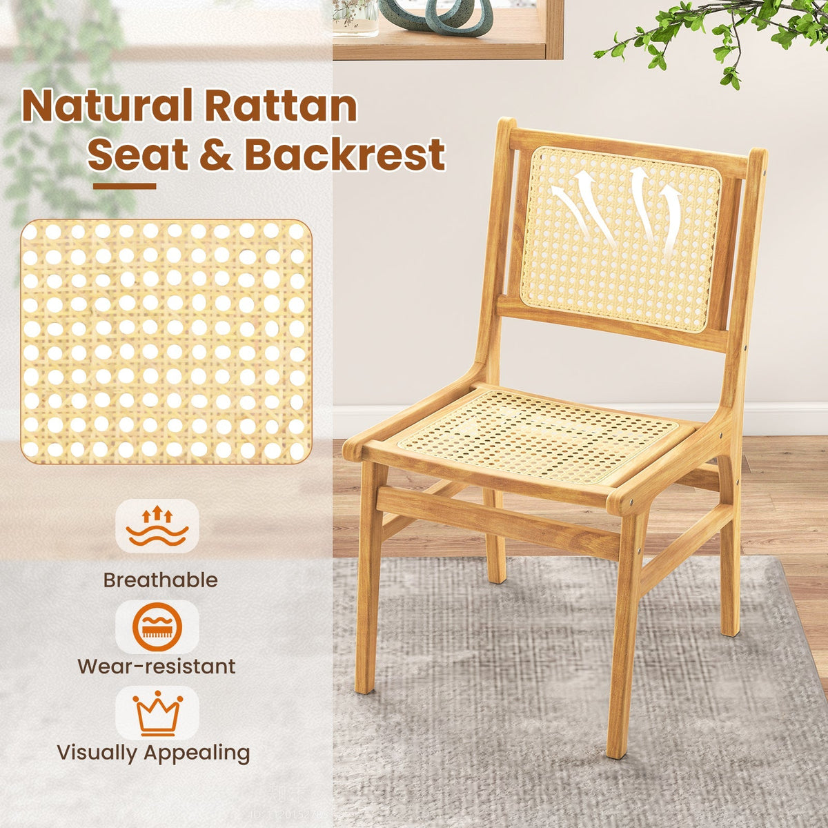 Rattan Dining Chair with Natural Cane Woven Backrest and Teak Wood Frame