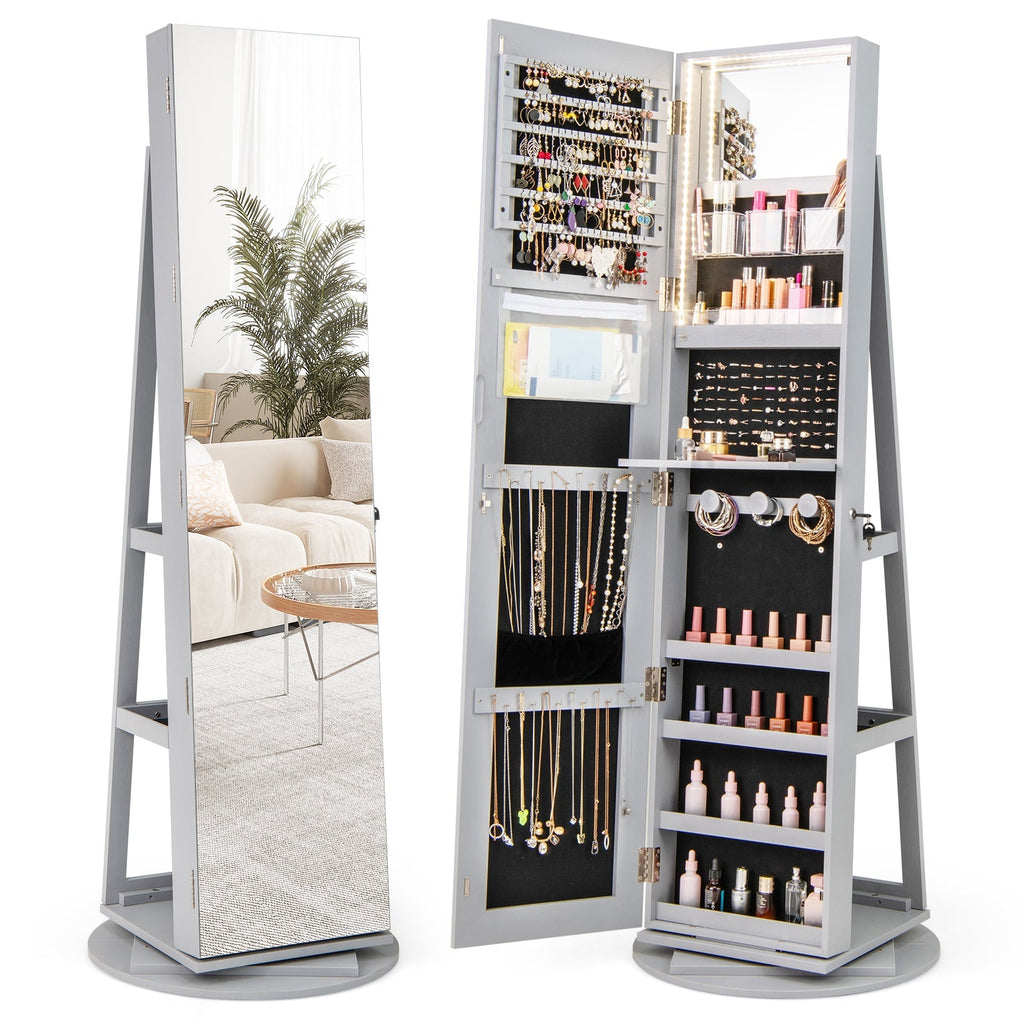 360° Rotating Mirrored Jewelry Cabinet Armoire 3 Color LED Modes Lockable