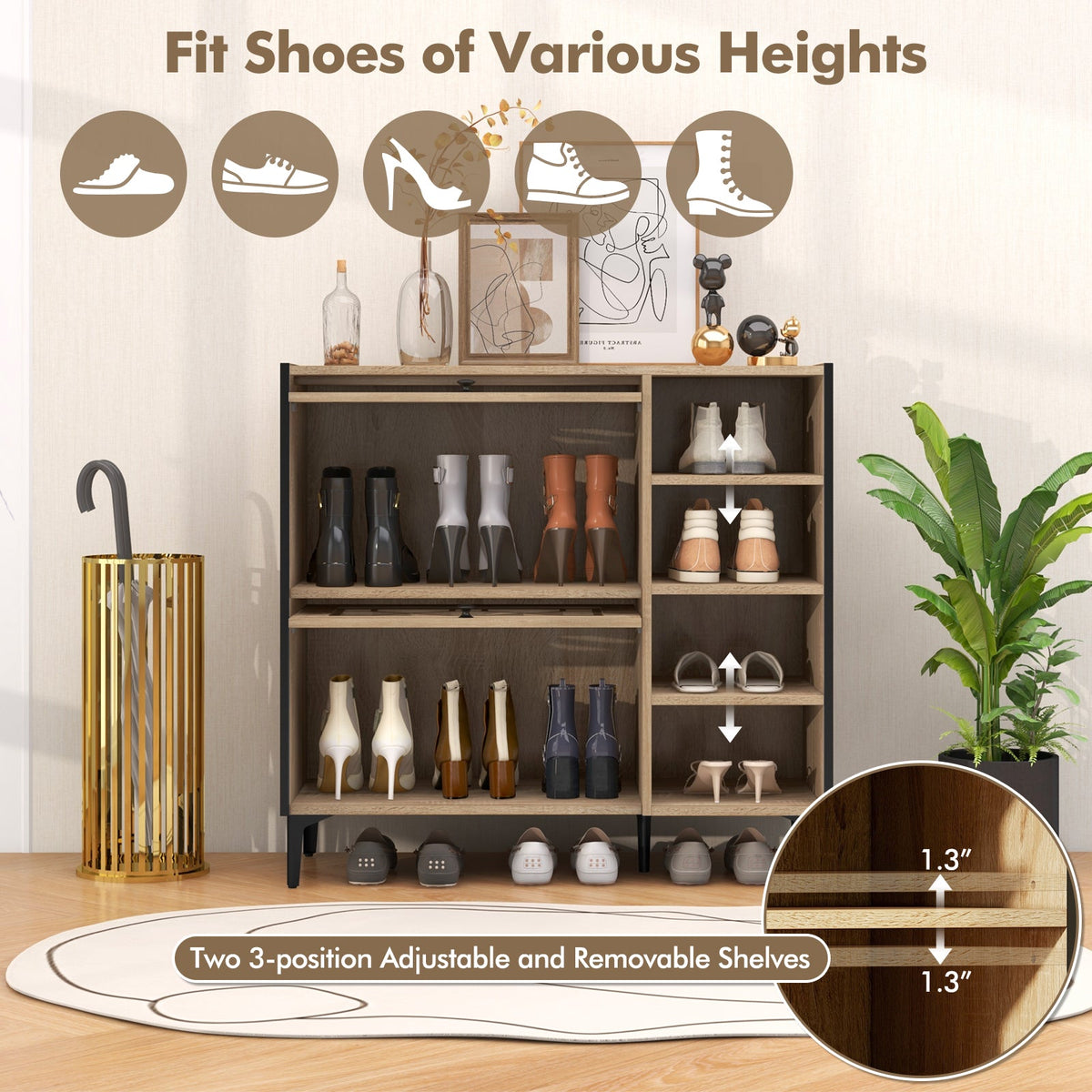 Rustic Shoe Cabinet with Flip-up See-through Doors and Adjustable Shelves-Oak