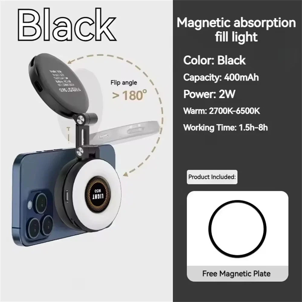 2in1 Portable Foldable Magnetic Rechargeable Ring Fill Light Phone Holder Perfect for Travel, Desktop, Selfies, Video, Makeup