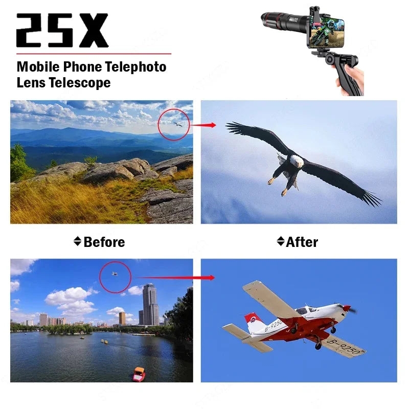 25X Phone Telephoto Lens Kit Phone Holder Portable Tripod Stabilizer Highpower Zoom Concerts Contest Outdoor Observation Animal