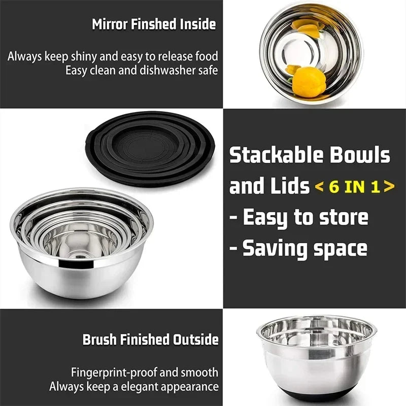 1/6PCS Silicone Bottom Thickened with Lid Cooking Basin Stainless Steel Egg Beating Basin Salad Mixing Basin Kitchen Baking