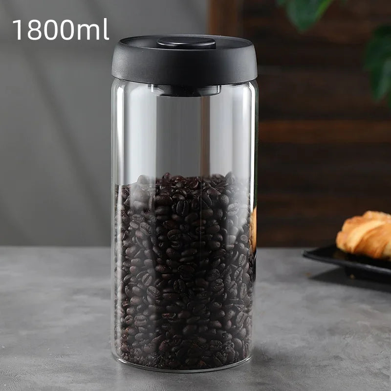 Multi Capacity Black Lid Coffee Pot Manual Vacuum Moisture-proof Storage Pot Kitchen Glass Teapot Coffee Bean Storage Sealed Jar