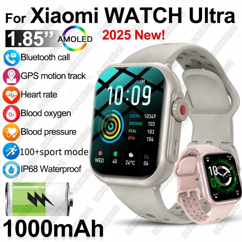 2025 New For Xiaomi Smart Watch Men Women 1.85-Inch HD AMOLED Full Touch Screen IP68 Waterproof Bluetooth Call SmartWatch Man